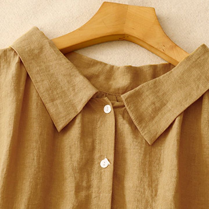 Buddha Stonesサマープレーンレースアップボタンフロントデザインラペルノースリーブコットンミディドレスカーディガン - image 2