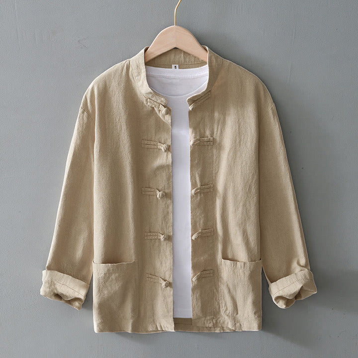 Buddha Stones メンズ コットンリネン素材 中国唐装風 カエルボタン付き ジャケットタイプシャツ ポケットあり - ベージュ - US/UK/AU50、EU60 (5XL) - image 23