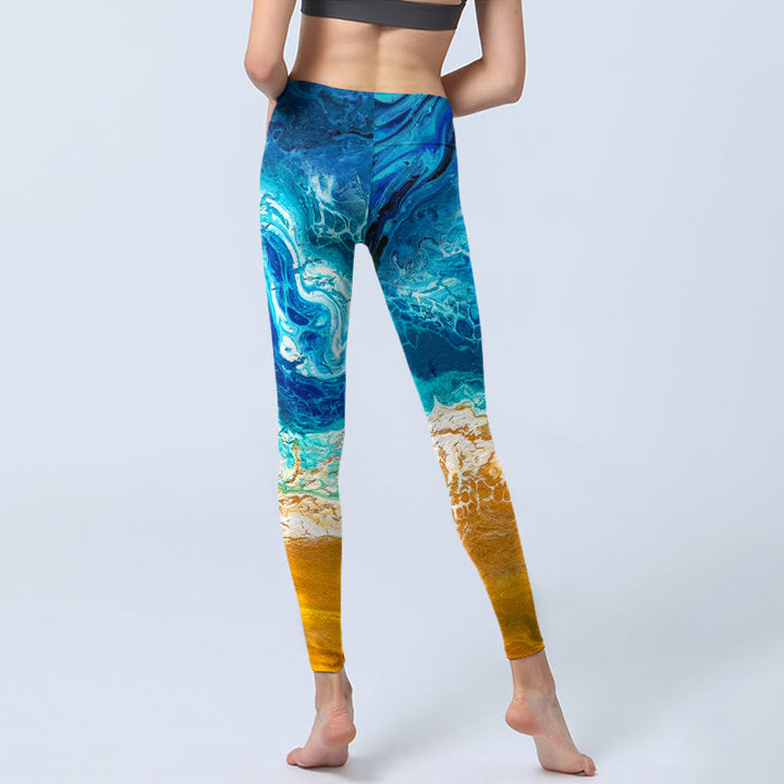 Buddha Stonesオーシャンウェーブゴールデンショア柄プリントジムレギンスレディースヨガパンツ - image 7