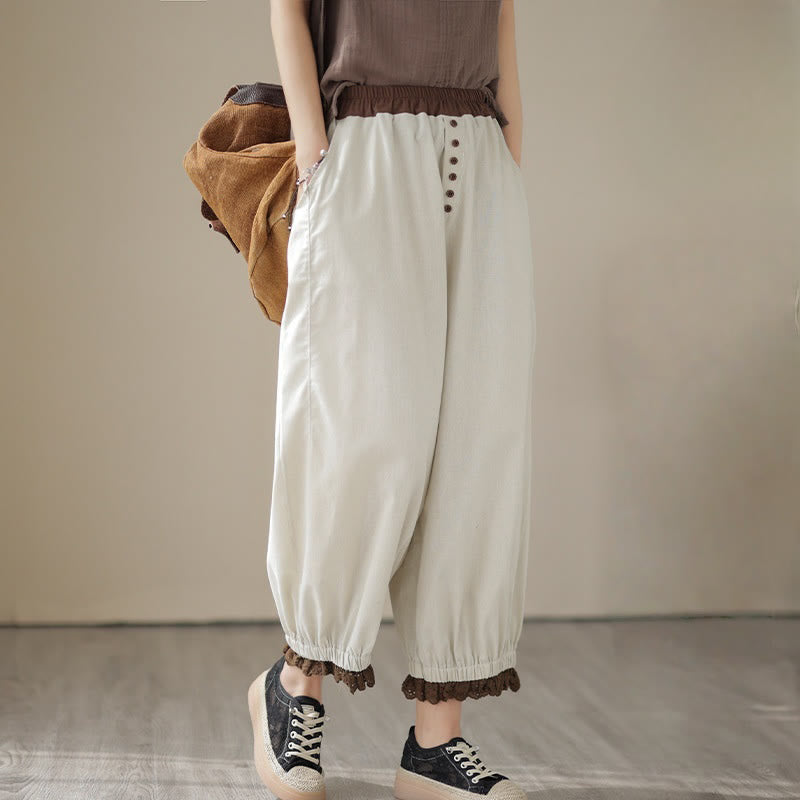 Buddha Stonesカジュアル 春 無地 パッチワークデザイン レディース コットン リネン 伸縮性ウエストバンド ハーレムパンツ ポケット付き - image 1