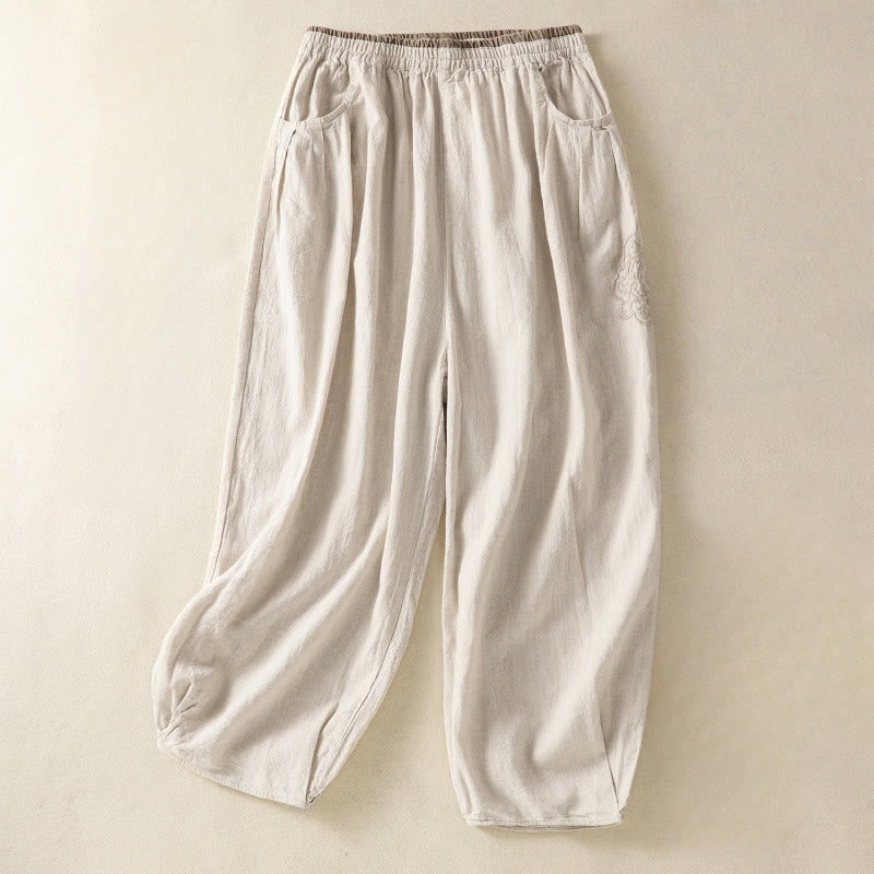 Buddha Stonesカジュアル刺繍 レディース コットンリネン 7-8丈 ハーレムパンツ ポケット付き - リネン - US8-10，UK/AU12-14，EU40-42 (2XL) - image 6