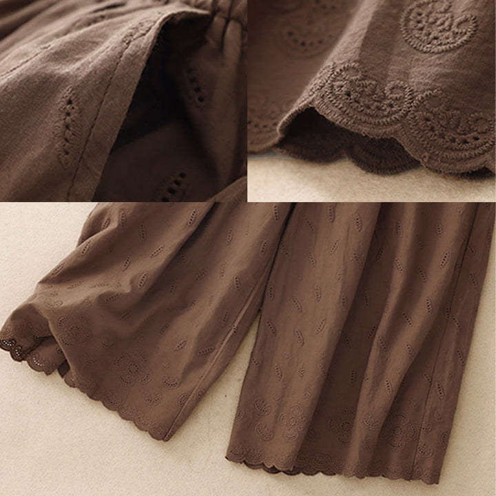 Buddha Stonesサマー ヴィンテージ 刺繍 レース裾 パッチワークデザイン レディース ワイドレッグ コットンパンツ ポケット付き - image 2