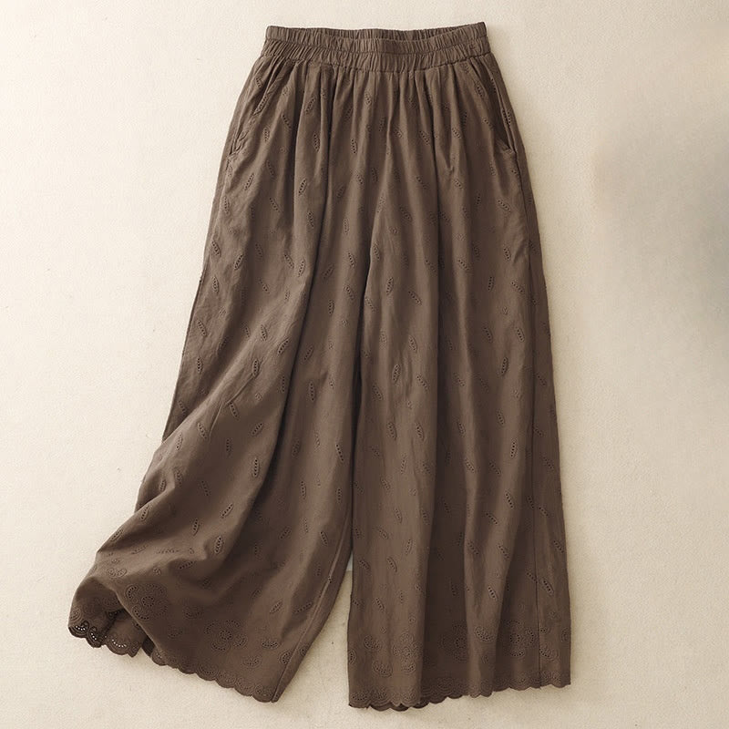 Buddha Stonesサマー ヴィンテージ 刺繍 レース裾 パッチワークデザイン レディース ワイドレッグ コットンパンツ ポケット付き - サドルブラウン - US6、 UK/AU10、 EU38 (XL) - image 0