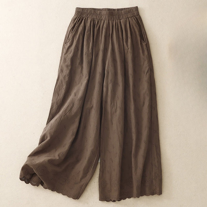 Buddha Stonesサマー ヴィンテージ 刺繍 レース裾 パッチワークデザイン レディース ワイドレッグ コットンパンツ ポケット付き - サドルブラウン - US6、 UK/AU10、 EU38 (XL) - image 0
