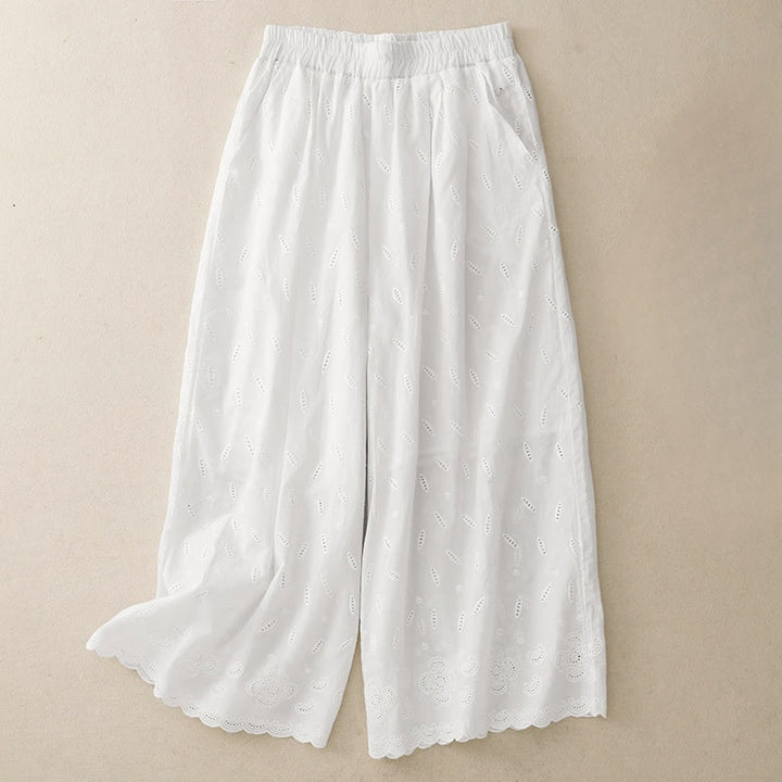 Buddha Stonesサマー ヴィンテージ 刺繍 レース裾 パッチワークデザイン レディース ワイドレッグ コットンパンツ ポケット付き - 白 - US6、 UK/AU10、 EU38 (XL) - image 3