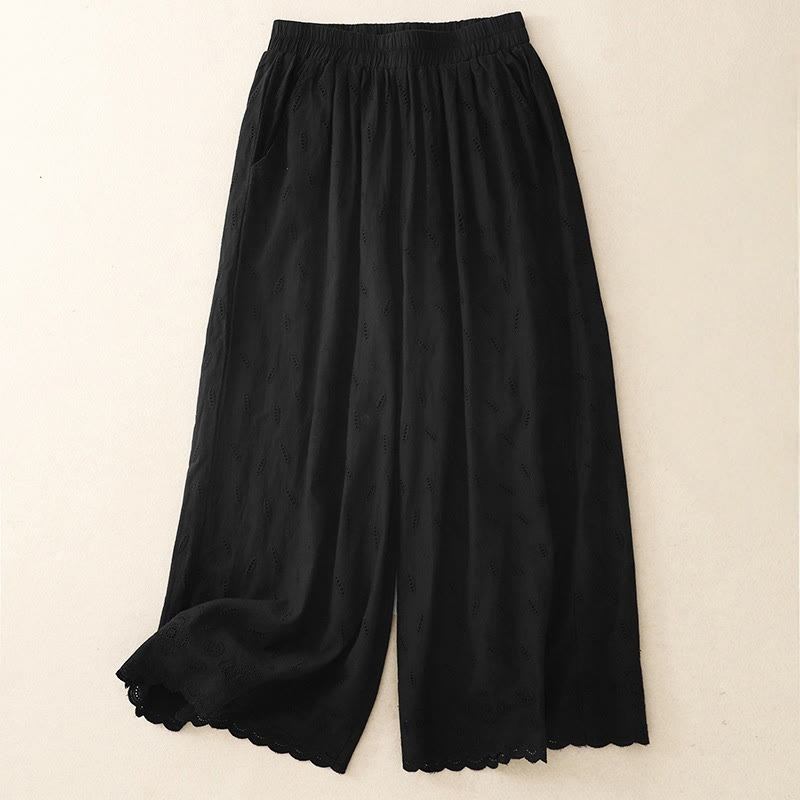 Buddha Stonesサマー ヴィンテージ 刺繍 レース裾 パッチワークデザイン レディース ワイドレッグ コットンパンツ ポケット付き - 黒 - US6、 UK/AU10、 EU38 (XL) - image 7