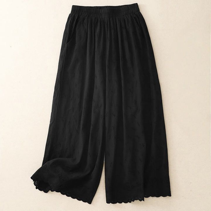 Buddha Stonesサマー ヴィンテージ 刺繍 レース裾 パッチワークデザイン レディース ワイドレッグ コットンパンツ ポケット付き - 黒 - US6、 UK/AU10、 EU38 (XL) - image 7