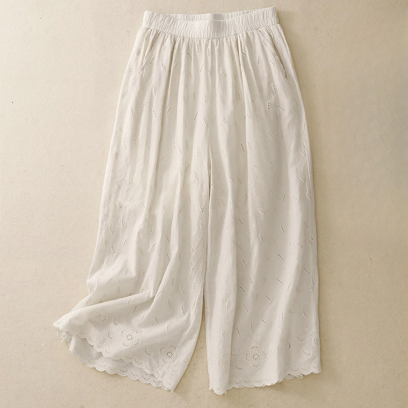 Buddha Stonesサマー ヴィンテージ 刺繍 レース裾 パッチワークデザイン レディース ワイドレッグ コットンパンツ ポケット付き - ベージュ - US6、 UK/AU10、 EU38 (XL) - image 11