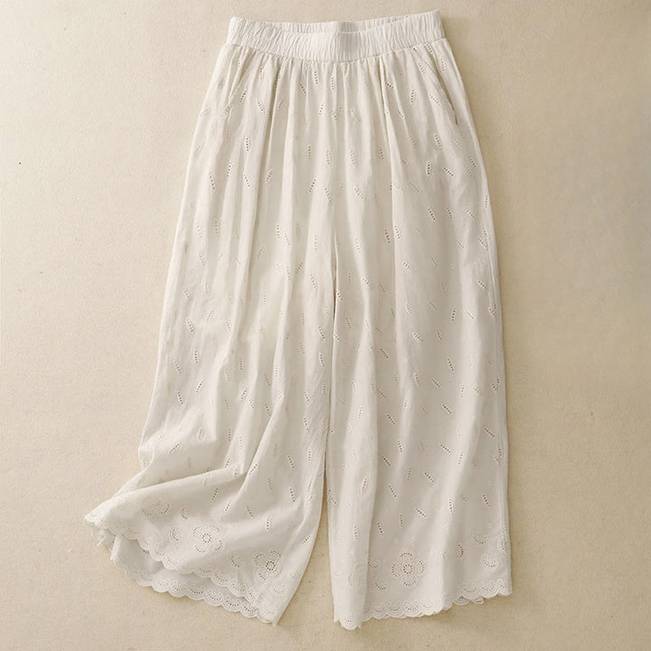 Buddha Stonesサマー ヴィンテージ 刺繍 レース裾 パッチワークデザイン レディース ワイドレッグ コットンパンツ ポケット付き - ベージュ - US6、 UK/AU10、 EU38 (XL) - image 11