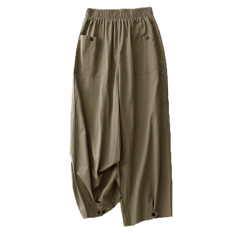 Buddha Stonesカジュアル ヴィンテージ 無地 ボタンデザイン レディース ワイドレッグ コットンパンツ ポケット付き - image 13