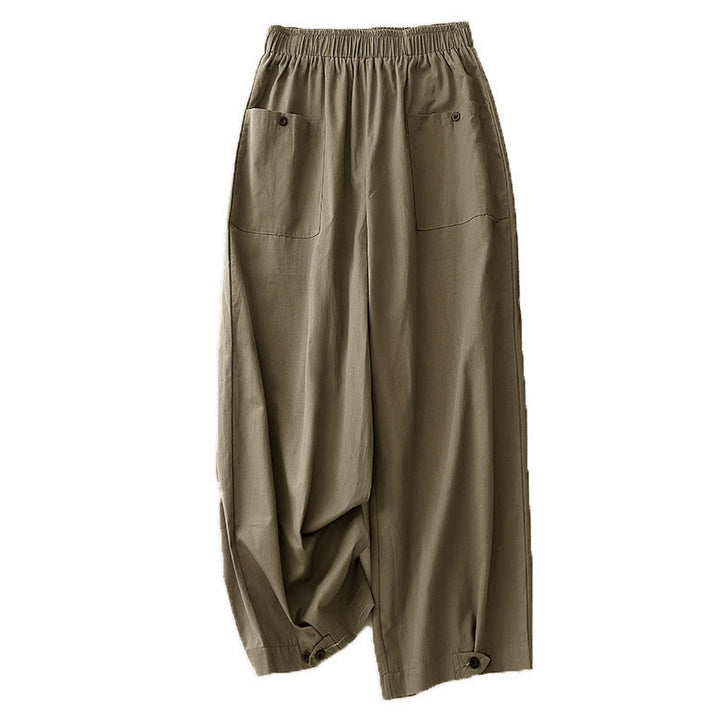 Buddha Stonesカジュアル ヴィンテージ 無地 ボタンデザイン レディース ワイドレッグ コットンパンツ ポケット付き - image 13