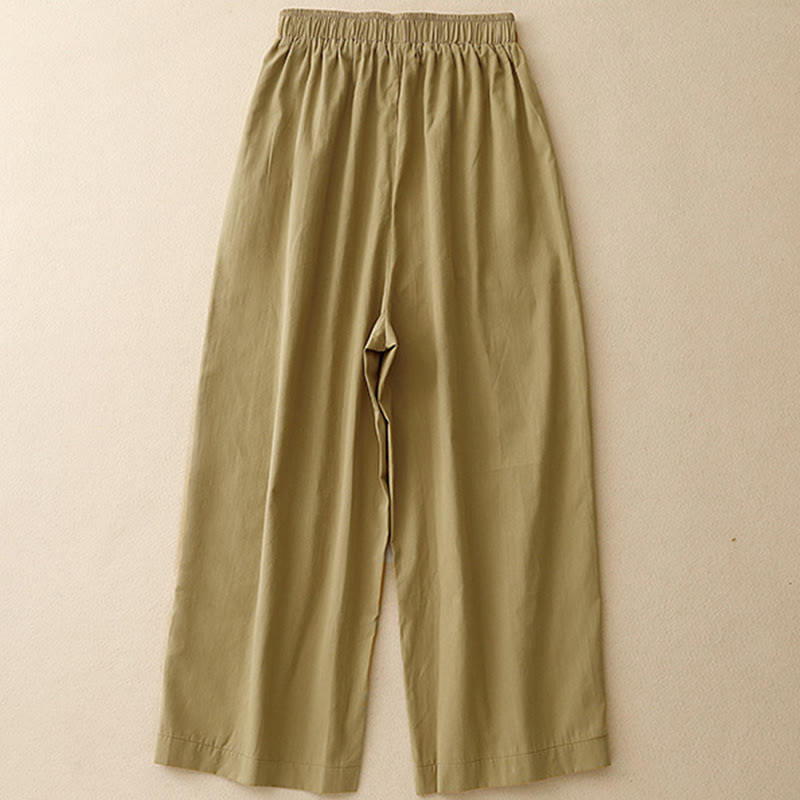 Buddha Stonesカジュアル ヴィンテージ 無地 ボタンデザイン レディース ワイドレッグ コットンパンツ ポケット付き - image 1