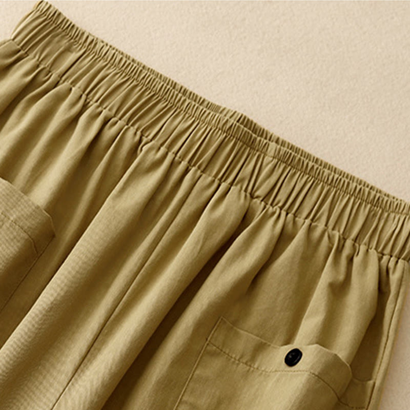 Buddha Stonesカジュアル ヴィンテージ 無地 ボタンデザイン レディース ワイドレッグ コットンパンツ ポケット付き - image 2