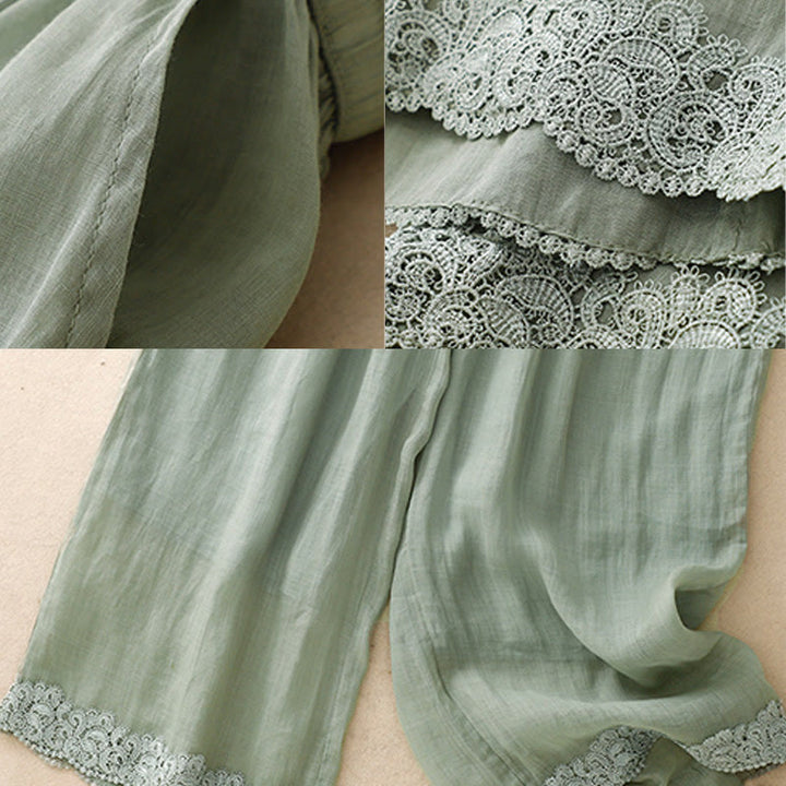 Buddha Stonesカジュアル ヴィンテージ 無地 ドローストリング レース パッチワーク デザイン レディース ワイドレッグ コットン 伸縮性ウエストバンド パンツ ポケット付き - image 2