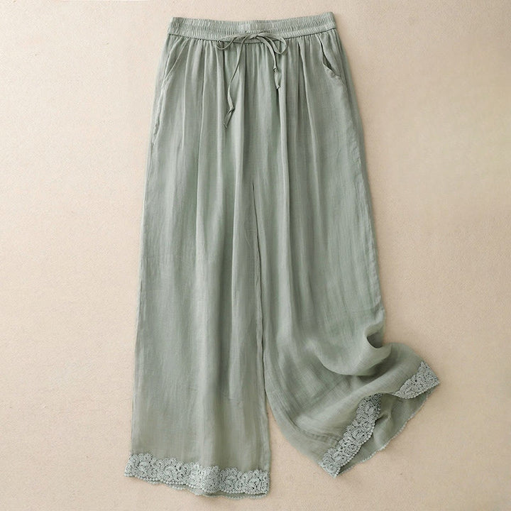 Buddha Stonesカジュアル ヴィンテージ 無地 ドローストリング レース パッチワーク デザイン レディース ワイドレッグ コットン 伸縮性ウエストバンド パンツ ポケット付き - ミディアムアクアマリン - US8-10，UK/AU12-14，EU40-42 (2XL) - image 0