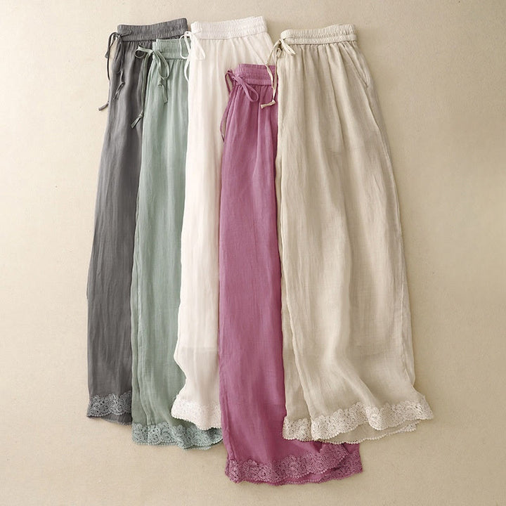 Buddha Stonesカジュアル ヴィンテージ 無地 ドローストリング レース パッチワーク デザイン レディース ワイドレッグ コットン 伸縮性ウエストバンド パンツ ポケット付き - image 19