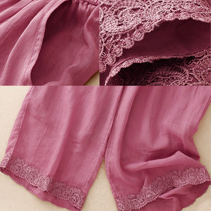 Buddha Stonesカジュアル ヴィンテージ 無地 ドローストリング レース パッチワーク デザイン レディース ワイドレッグ コットン 伸縮性ウエストバンド パンツ ポケット付き - image 8