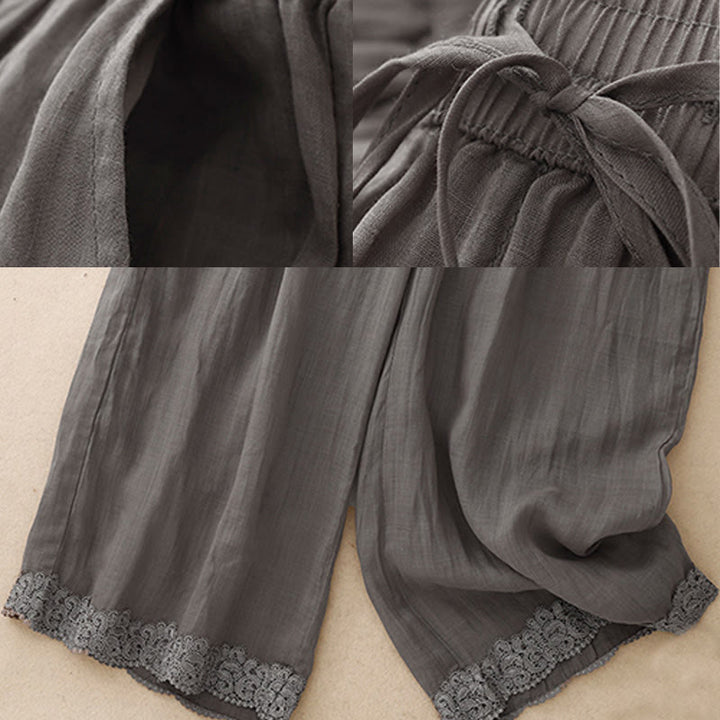 Buddha Stonesカジュアル ヴィンテージ 無地 ドローストリング レース パッチワーク デザイン レディース ワイドレッグ コットン 伸縮性ウエストバンド パンツ ポケット付き - image 5