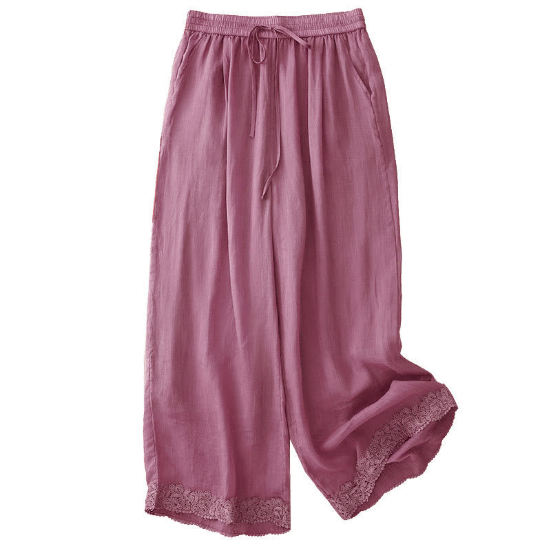 Buddha Stonesカジュアル ヴィンテージ 無地 ドローストリング レース パッチワーク デザイン レディース ワイドレッグ コットン 伸縮性ウエストバンド パンツ ポケット付き - image 9