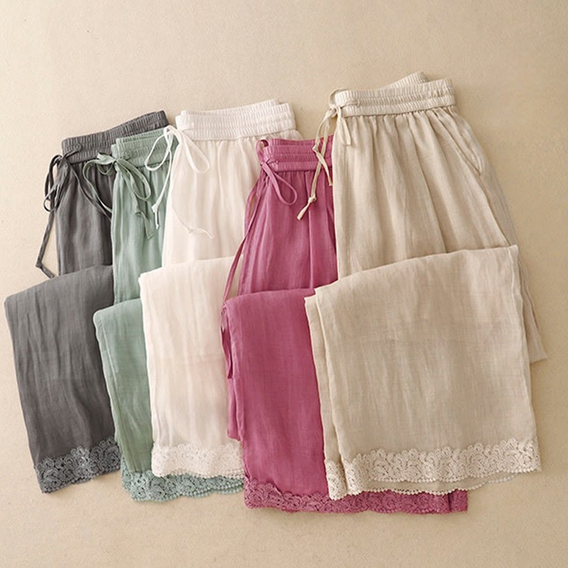 Buddha Stonesカジュアル ヴィンテージ 無地 ドローストリング レース パッチワーク デザイン レディース ワイドレッグ コットン 伸縮性ウエストバンド パンツ ポケット付き - image 20