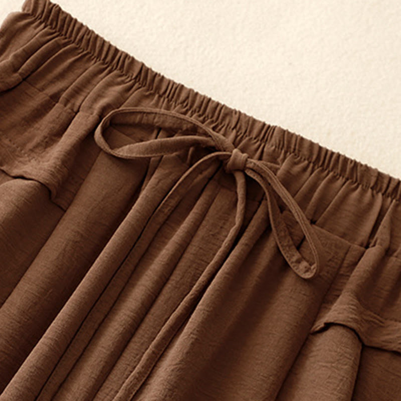 Buddha Stonesカジュアル エスニック シンプル ドローストリングデザイン レディース ワイドレッグ クロップドパンツ ポケット付き - image 2