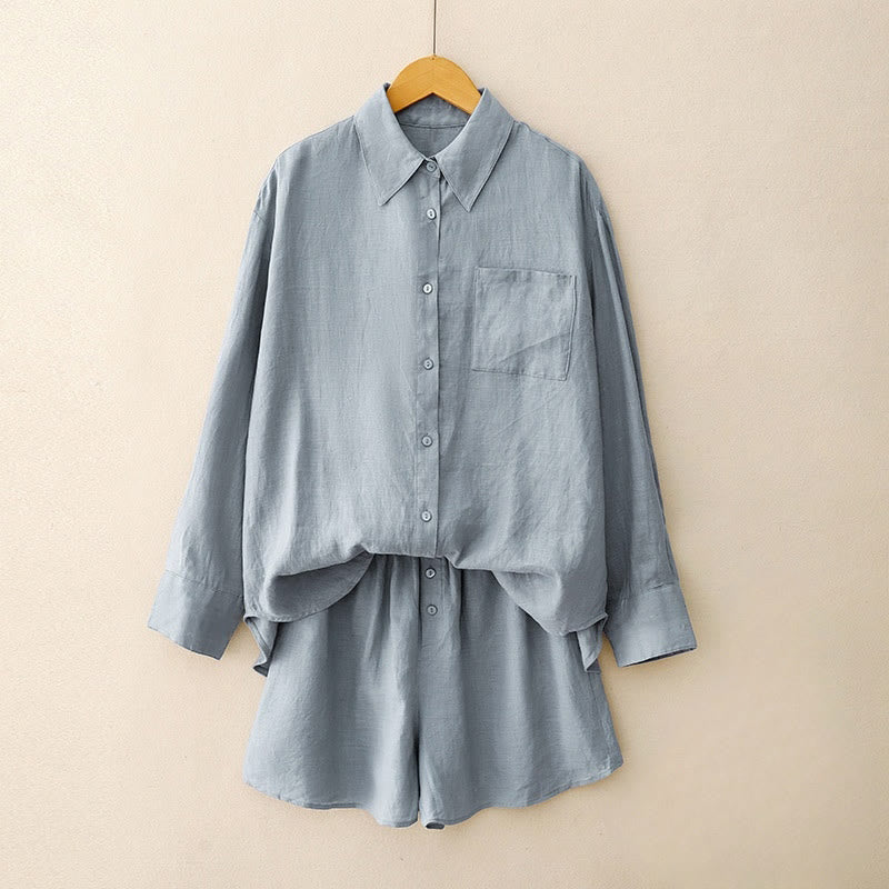 Buddha Stones夏 2点セット 無地 長袖 シャツ トップス カーディガン ショートパンツ 瞑想服 レディース ポケット付き - コーンフラワーブルー - US12、 UK/AU16、 EU44 (2XL) - image 17