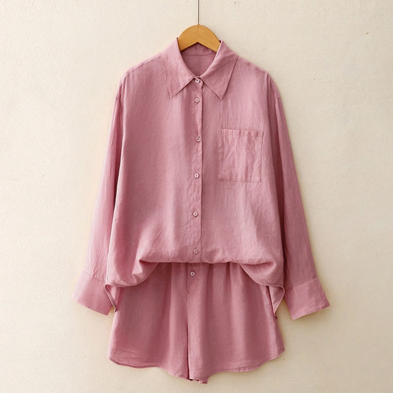 Buddha Stones夏 2点セット 無地 長袖 シャツ トップス カーディガン ショートパンツ 瞑想服 レディース ポケット付き - image 1