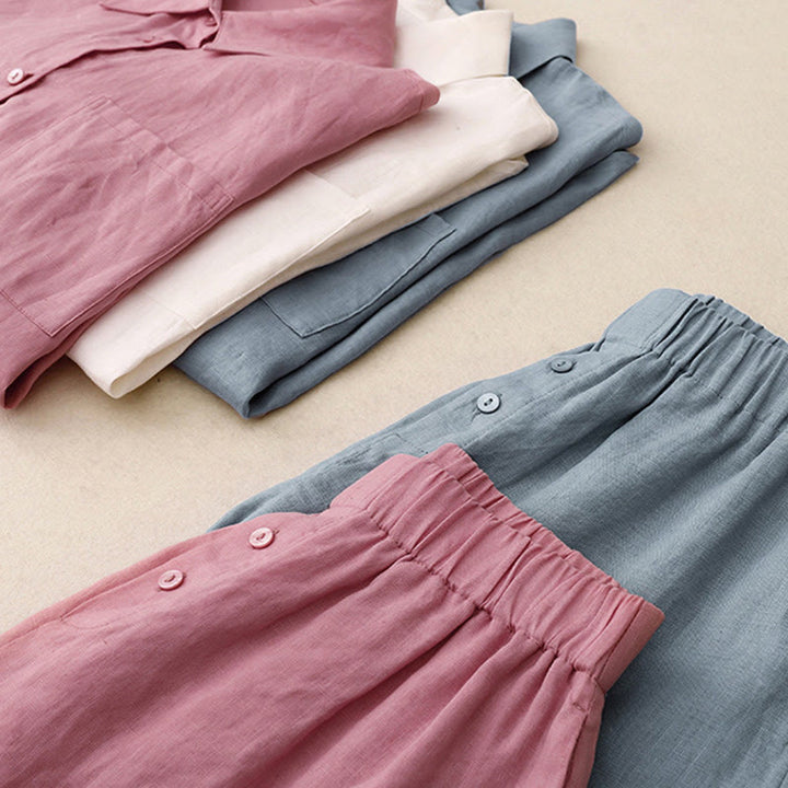 Buddha Stones夏 2点セット 無地 長袖 シャツ トップス カーディガン ショートパンツ 瞑想服 レディース ポケット付き - image 34