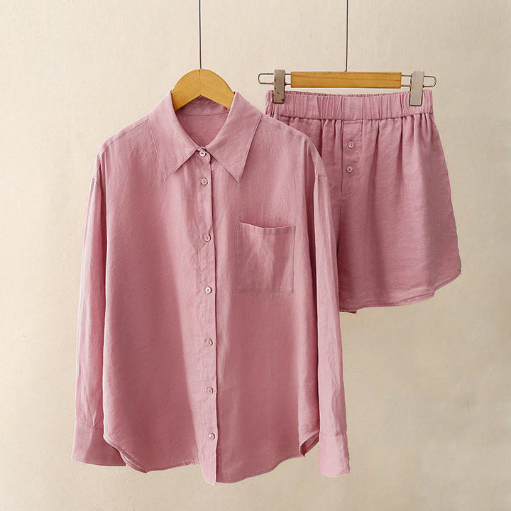 Buddha Stones夏 2点セット 無地 長袖 シャツ トップス カーディガン ショートパンツ 瞑想服 レディース ポケット付き - ペールバイオレットレッド - US12、 UK/AU16、 EU44 (2XL) - image 0