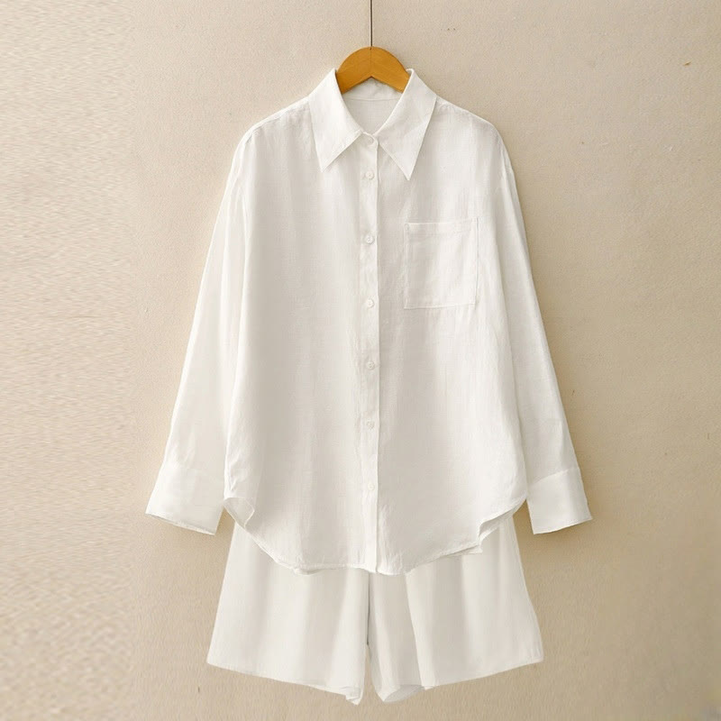 Buddha Stones夏 2点セット 無地 長袖 シャツ トップス カーディガン ショートパンツ 瞑想服 レディース ポケット付き - 白 - US12、 UK/AU16、 EU44 (2XL) - image 28