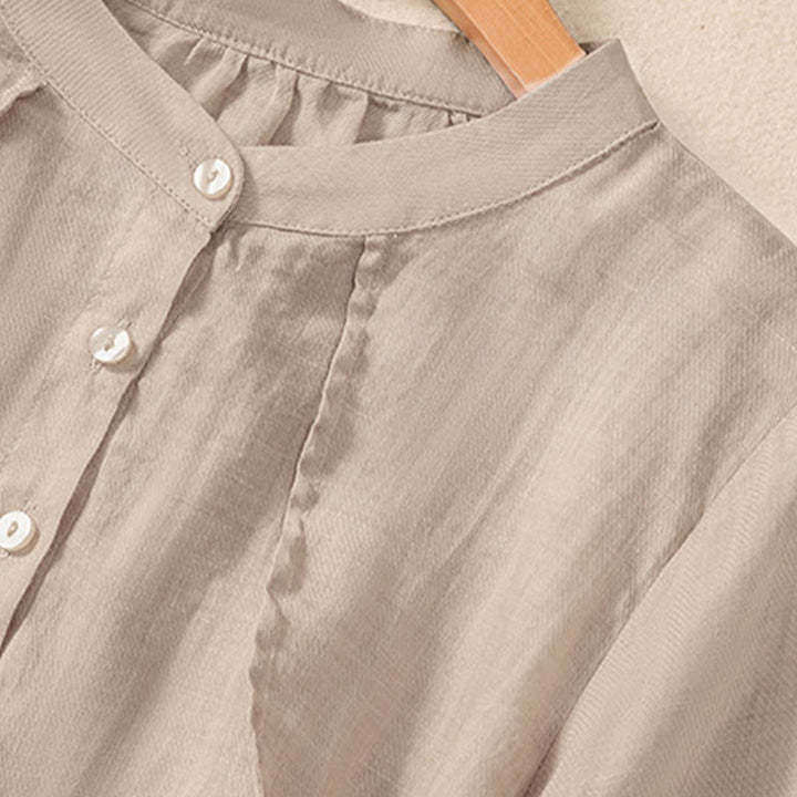 Buddha Stonesカジュアル デイリー 無地 ボタン フリルデザイン スタンドカラー レディース コットン リネン 七分袖 シャツ カーディガン - image 10