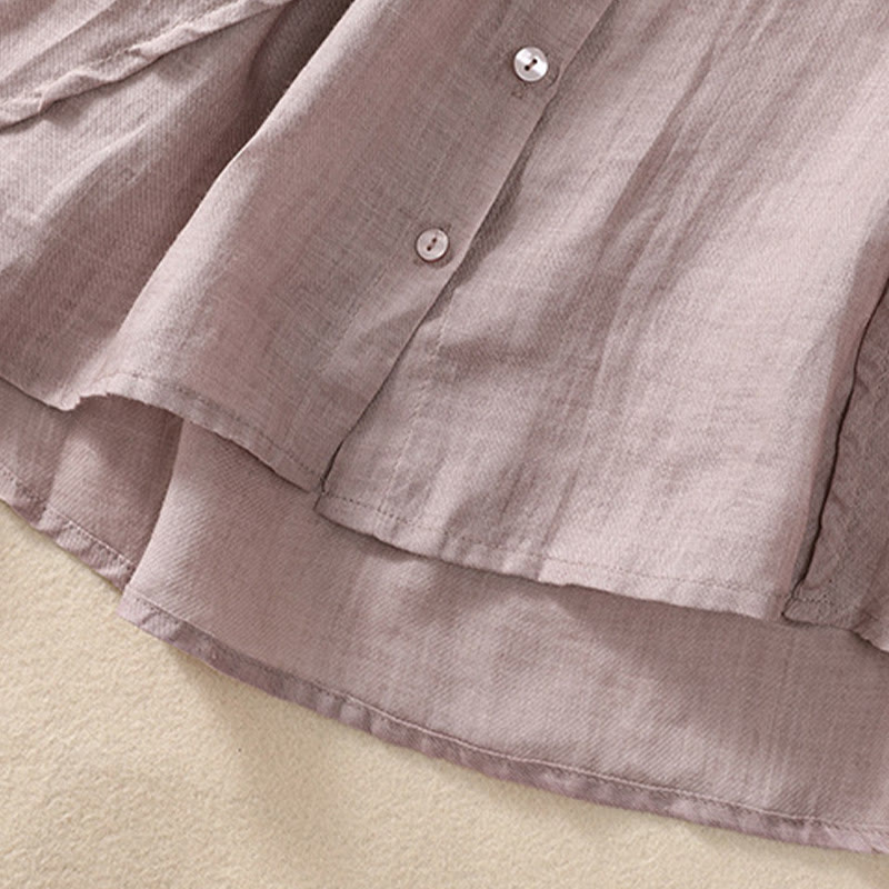 Buddha Stonesカジュアル デイリー 無地 ボタン フリルデザイン スタンドカラー レディース コットン リネン 七分袖 シャツ カーディガン - image 6