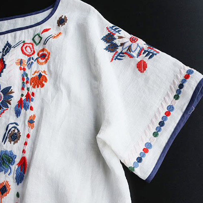 Buddha Stonesレトロ アーティスティック 刺繍 花柄 クルーネック レディース コットン リネン 半袖 Tシャツ - image 5