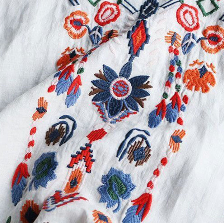 Buddha Stonesレトロ アーティスティック 刺繍 花柄 クルーネック レディース コットン リネン 半袖 Tシャツ - image 6