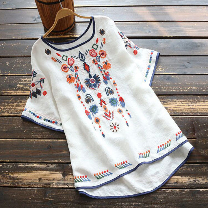 Buddha Stonesレトロ アーティスティック 刺繍 花柄 クルーネック レディース コットン リネン 半袖 Tシャツ - 白 - US14、 UK/AU18、 EU46 (4XL) - image 0