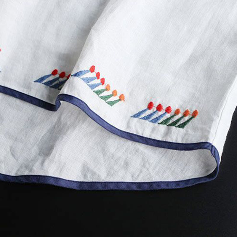 Buddha Stonesレトロ アーティスティック 刺繍 花柄 クルーネック レディース コットン リネン 半袖 Tシャツ - image 7