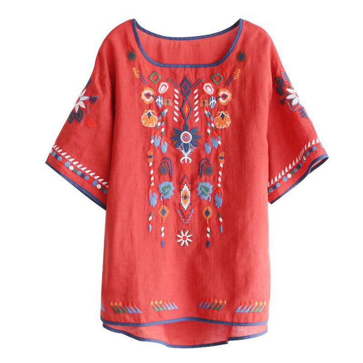 Buddha Stonesレトロ アーティスティック 刺繍 花柄 クルーネック レディース コットン リネン 半袖 Tシャツ - image 12