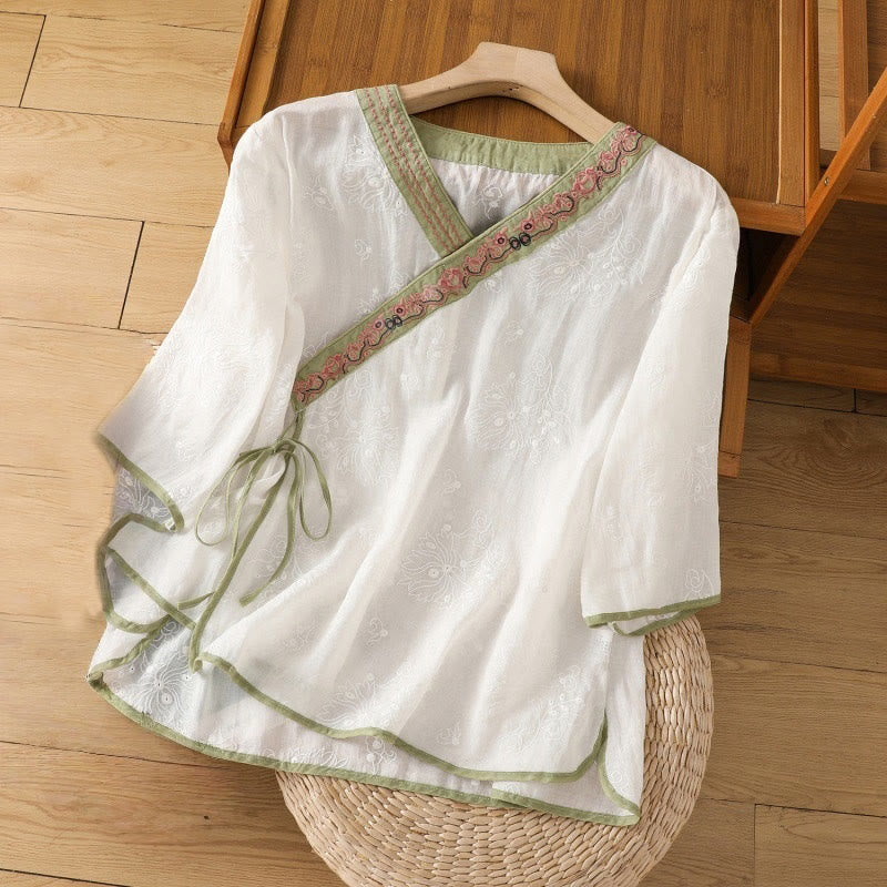 Buddha Stonesサマー ヴィンテージ 刺繍 植物 花柄 レースアップデザイン Vネック レディース コットンリネン シャツ - 白 - US8-10，UK/AU12-14，EU40-42 (2XL) - image 7