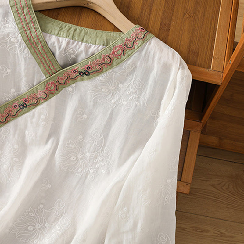 Buddha Stonesサマー ヴィンテージ 刺繍 植物 花柄 レースアップデザイン Vネック レディース コットンリネン シャツ - image 11