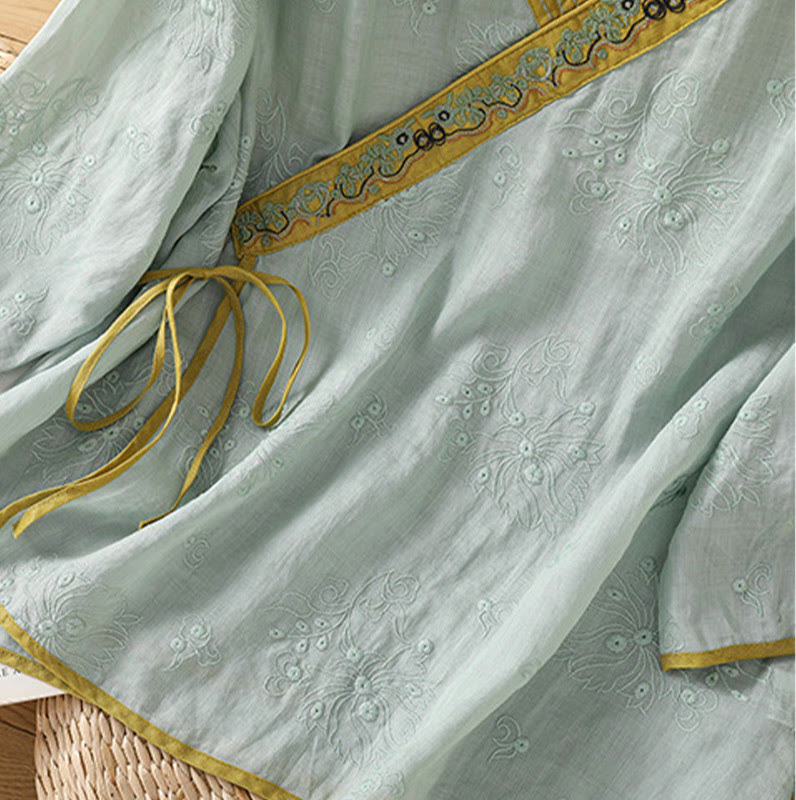 Buddha Stonesサマー ヴィンテージ 刺繍 植物 花柄 レースアップデザイン Vネック レディース コットンリネン シャツ - image 21