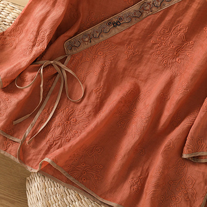 Buddha Stonesサマー ヴィンテージ 刺繍 植物 花柄 レースアップデザイン Vネック レディース コットンリネン シャツ - image 4