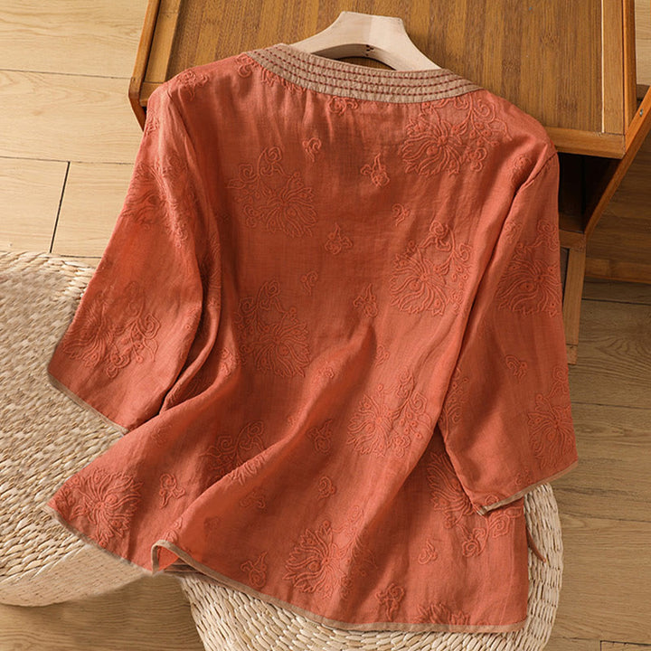 Buddha Stonesサマー ヴィンテージ 刺繍 植物 花柄 レースアップデザイン Vネック レディース コットンリネン シャツ - image 1