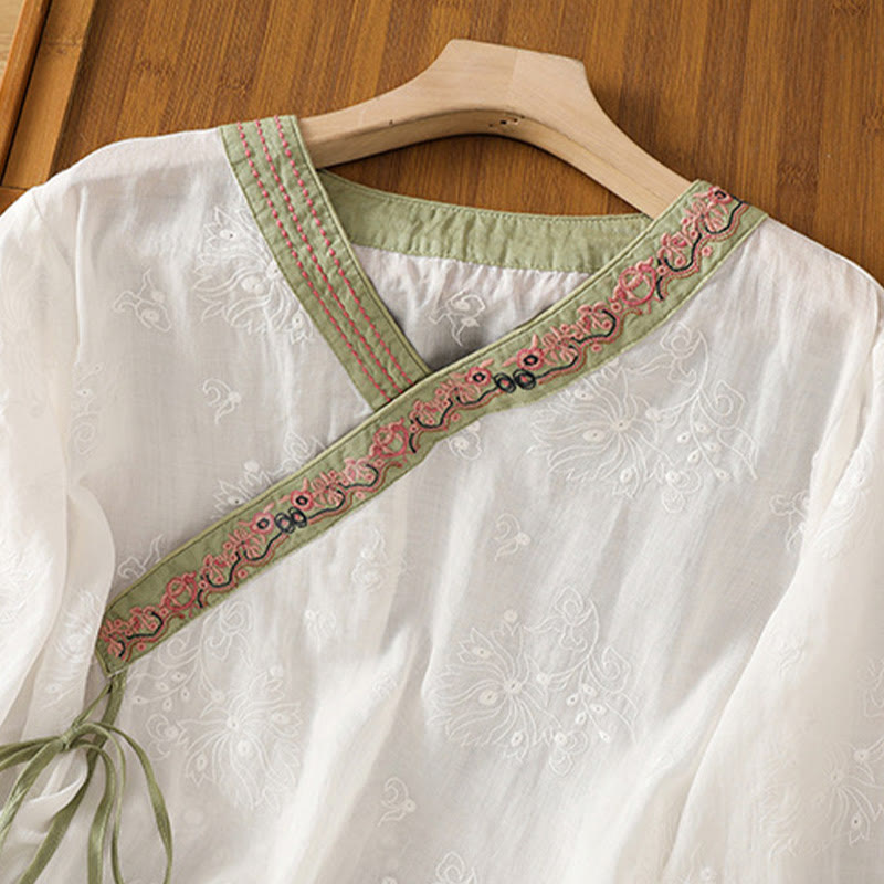 Buddha Stonesサマー ヴィンテージ 刺繍 植物 花柄 レースアップデザイン Vネック レディース コットンリネン シャツ - image 9