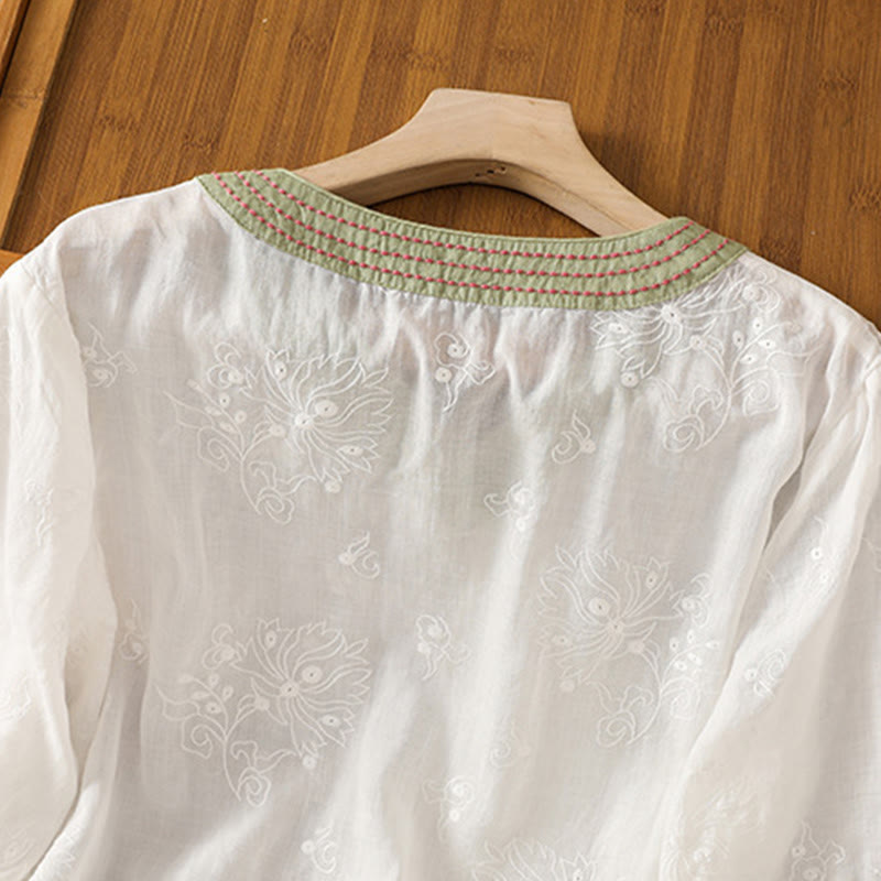 Buddha Stonesサマー ヴィンテージ 刺繍 植物 花柄 レースアップデザイン Vネック レディース コットンリネン シャツ - image 10