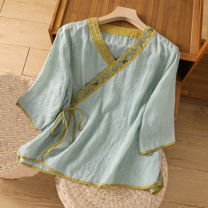 Buddha Stonesサマー ヴィンテージ 刺繍 植物 花柄 レースアップデザイン Vネック レディース コットンリネン シャツ - ミディアムターコイズ - US8-10，UK/AU12-14，EU40-42 (2XL) - image 17