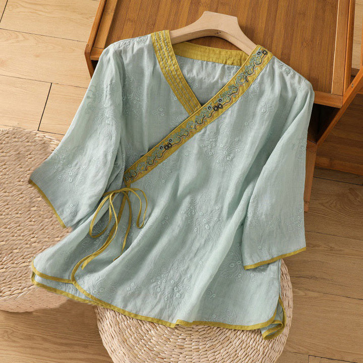 Buddha Stonesサマー ヴィンテージ 刺繍 植物 花柄 レースアップデザイン Vネック レディース コットンリネン シャツ - ミディアムターコイズ - US8-10，UK/AU12-14，EU40-42 (2XL) - image 17