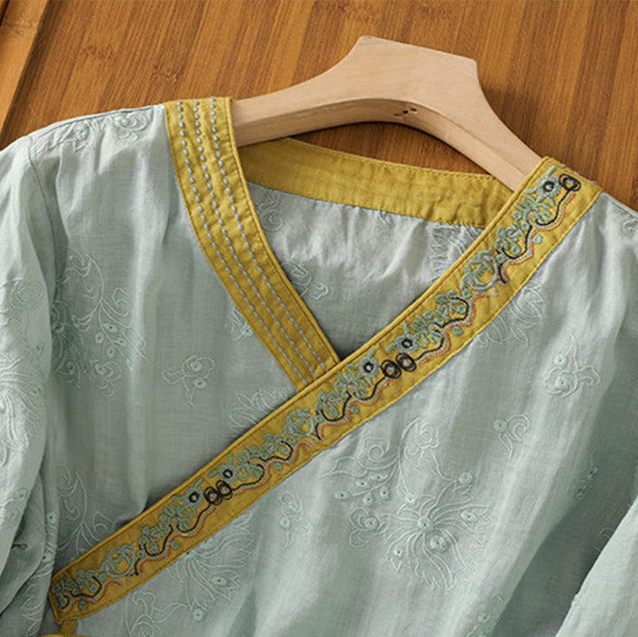 Buddha Stonesサマー ヴィンテージ 刺繍 植物 花柄 レースアップデザイン Vネック レディース コットンリネン シャツ - image 19