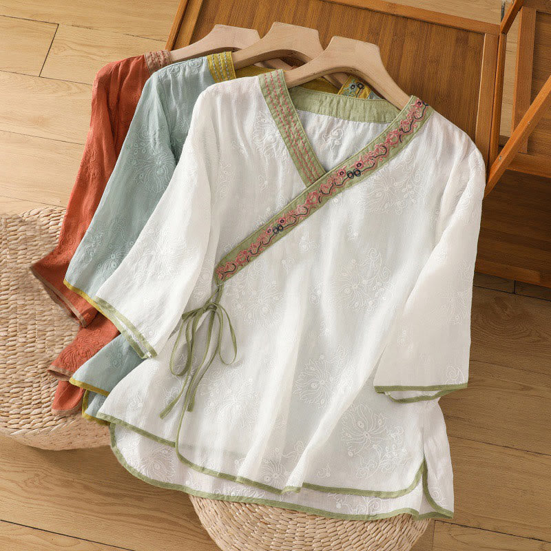 Buddha Stonesサマー ヴィンテージ 刺繍 植物 花柄 レースアップデザイン Vネック レディース コットンリネン シャツ - image 24