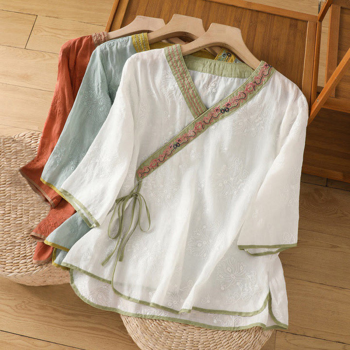 Buddha Stonesサマー ヴィンテージ 刺繍 植物 花柄 レースアップデザイン Vネック レディース コットンリネン シャツ - image 24