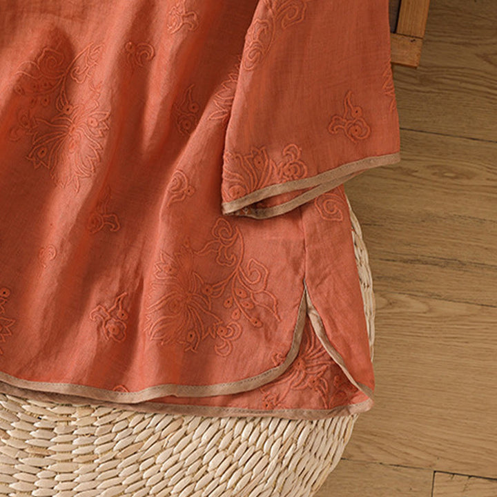 Buddha Stonesサマー ヴィンテージ 刺繍 植物 花柄 レースアップデザイン Vネック レディース コットンリネン シャツ - image 6